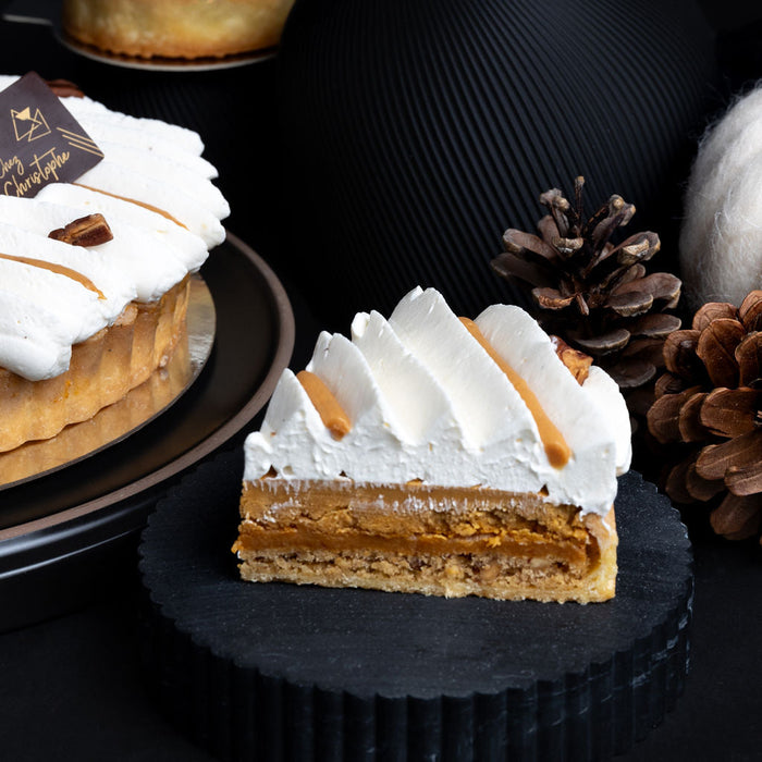 Best Thanksgiving Pumpkin tart from Chez Christophe artisan dessert shop,  Vancouver, BC, located in Burnaby and White Rock.