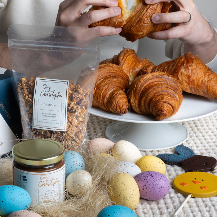 Easter brunch shopping bundle with frozen croissants, granola, hazelnut chocolate spread, chocolate lollipops, made locally in Metro Vancouver, BC, by Chez Christophe Patisserie in Burnaby and White Rock.