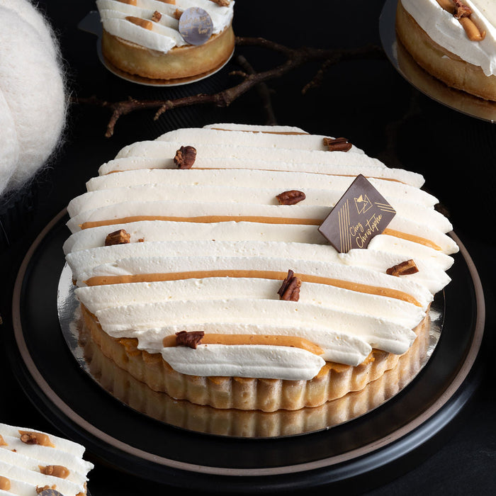 Top Thanksgiving desserts in Vancouver, BC, elegant pumpkin pie tart from Chez Christophe artisan bakery in Burnaby and White Rock.
