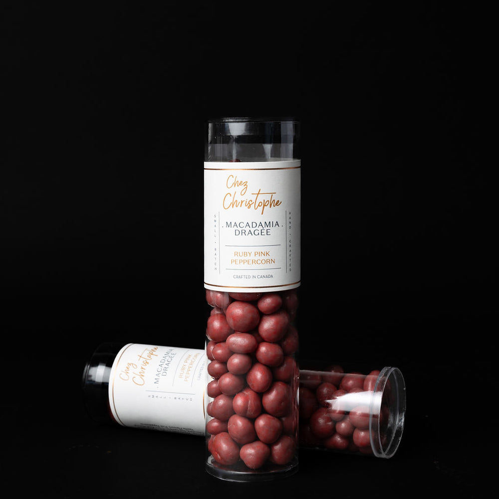 pink chocolate dragee - shop chocolate - chocolate infused - Chez Christophe local chocolate shop and bakery in Burnaby and White Rock, near Vancouver, BC