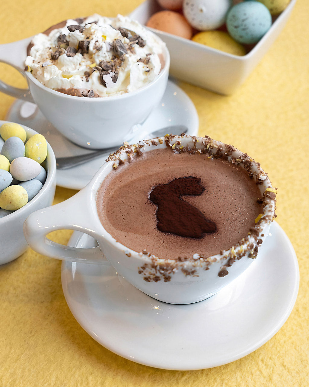 Easter themed drinks vancouver hot chocolate, mocha, and carrot cake latte, from Chez Christophe in Burnaby and White Rock