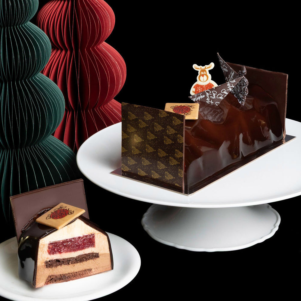 chocolate raspberry buche de noel yule log made by Chez Christophe best cake shop and patisserie in Burnaby and White Rock, near Vancouver, BC