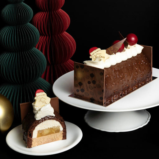 top-rated buche de noel metro vancouver, pear rocher yule log made by Chez Christophe artisan cake shop and patisserie in Burnaby and White Rock