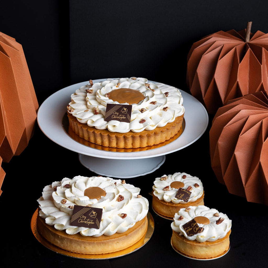 Best Thanksgiving Pumpkin tart from Chez Christophe artisan dessert shop,  Vancouver, BC, located in Burnaby and White Rock.