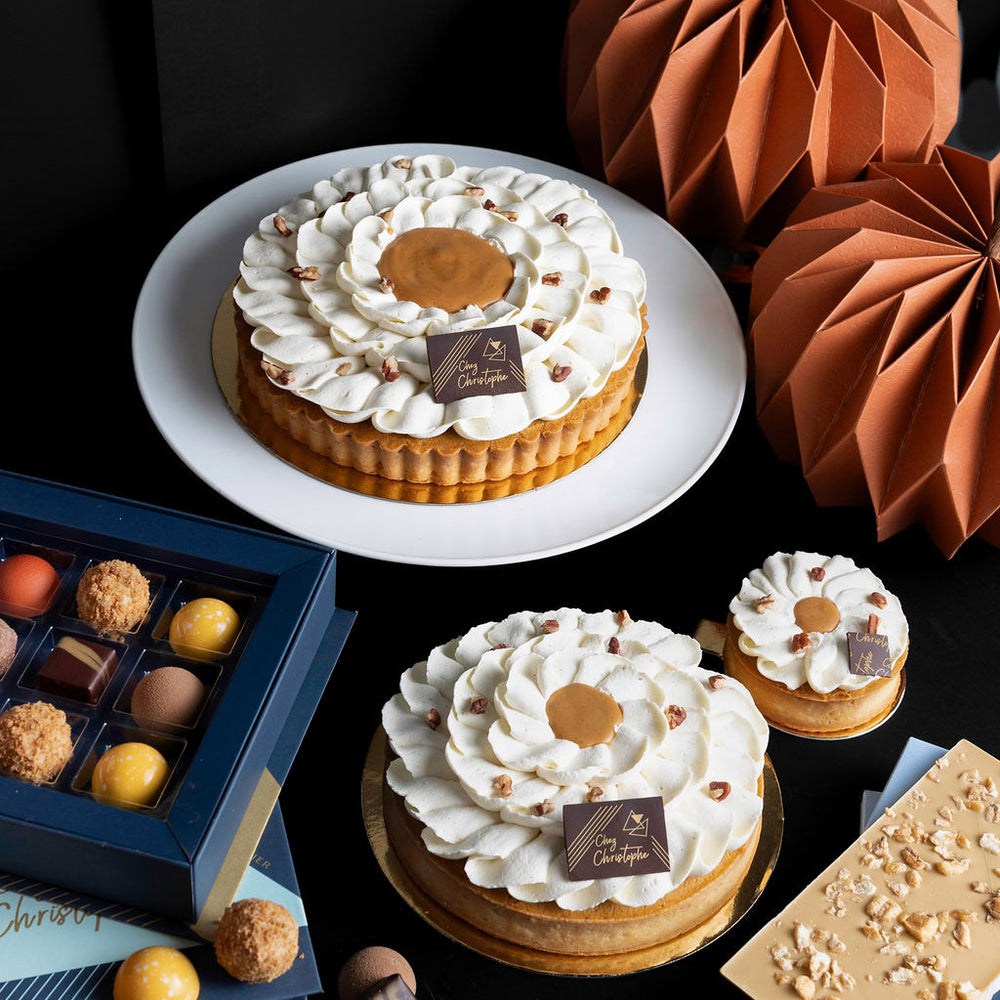 Top Thanksgiving desserts in Vancouver, BC, elegant pumpkin pie tart from Chez Christophe artisan bakery in Burnaby and White Rock.