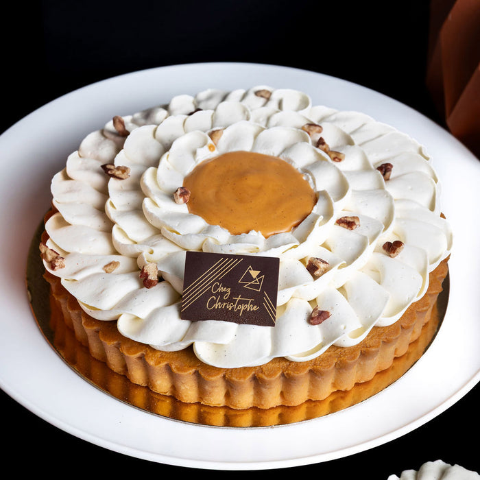 Top Thanksgiving Pumpkin tart from Chez Christophe artisan dessert shop,  Vancouver, BC, located in Burnaby and White Rock.