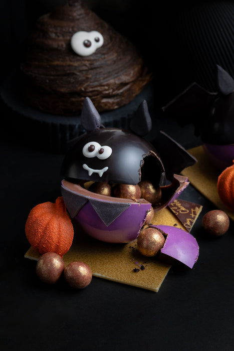 where to find the best halloween treats in Metro Vancouver, BC- Vampire Bat Chocolate Showpiece from Chez Christophe artisan Chocolate Shop in Burnaby and White Rock