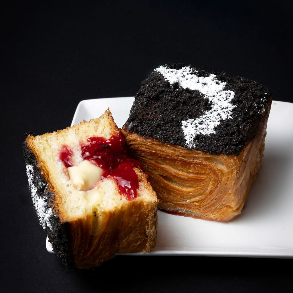top halloween treats in vancouver, bc, halloween specialty croissant cube with raspberry and pastry cream filling, from chez christophe in burnaby and white rock