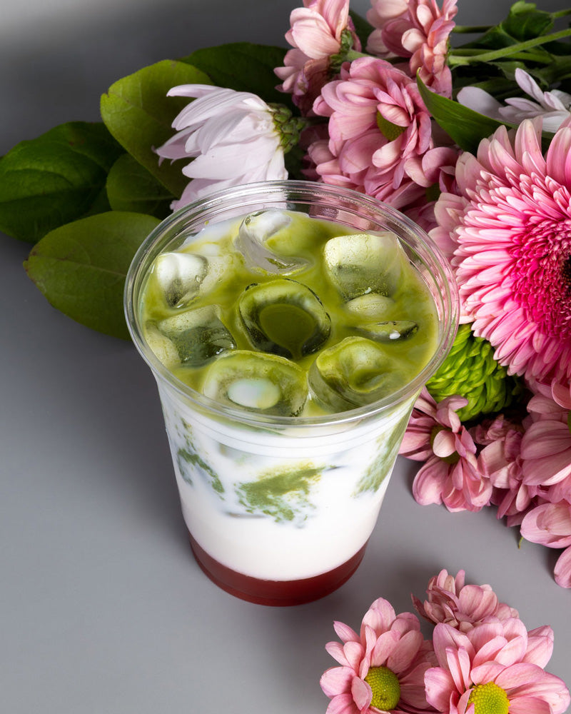 Spring specialty cafe beverages to try in Vancouver. Iced Strawberry Matcha Latte from Chez Christophe Cafe Patisserie in Burnaby, White Rock, and West Vancouver.