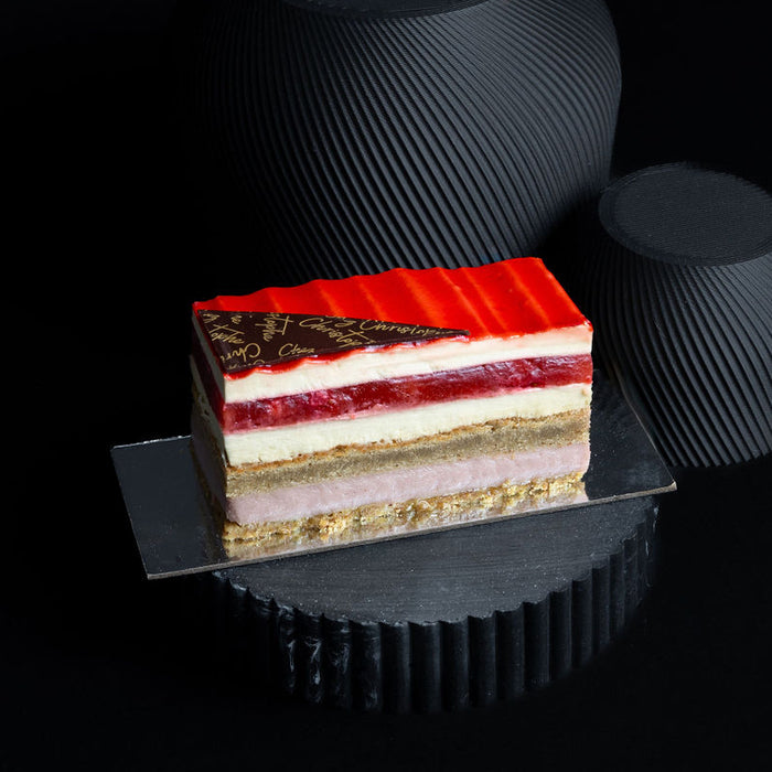 individual summer strawberry pistachio cake from Chez Christophe cake shop and patisserie in Burnaby and White Rock, near Vancouver, BC