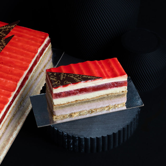 individual strawberry pistachio cake from Chez Christophe cake shop and patisserie in Burnaby and White Rock, near Vancouver, BC
