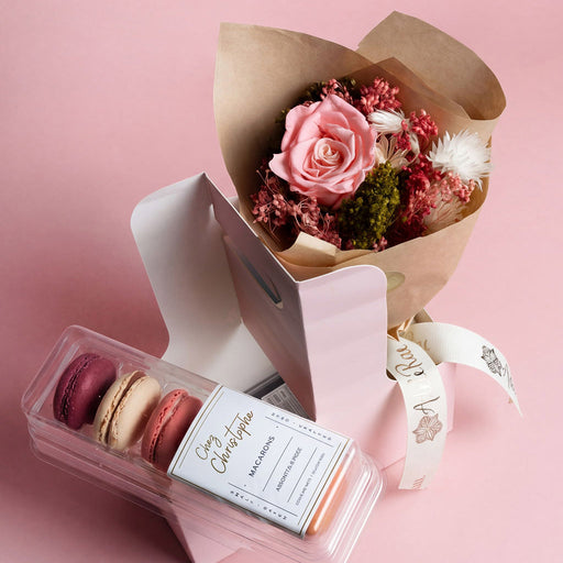 Mother's Day gift boxes, Vancouver, BC, local macarons and flower arrangement from Chez Christophe Chocolaterie Patisserie in Burnaby and White Rock. 